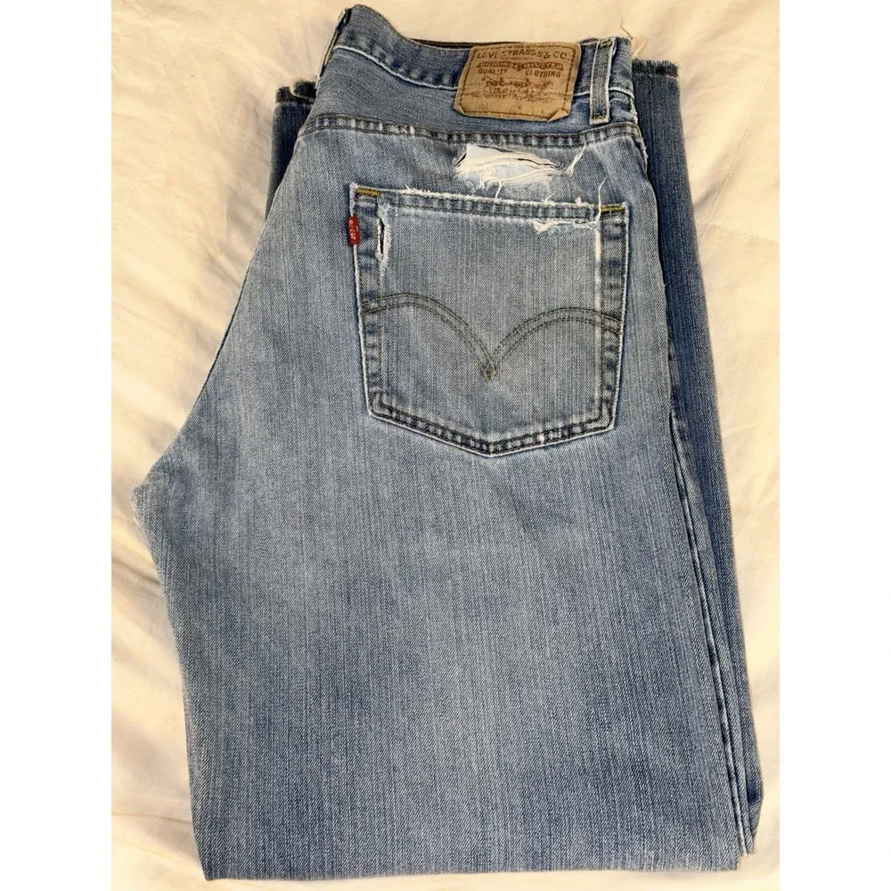 Levi's 569 Jeans Mens 34x32 Loose Straight Light Wash Distressed Frayed Hem